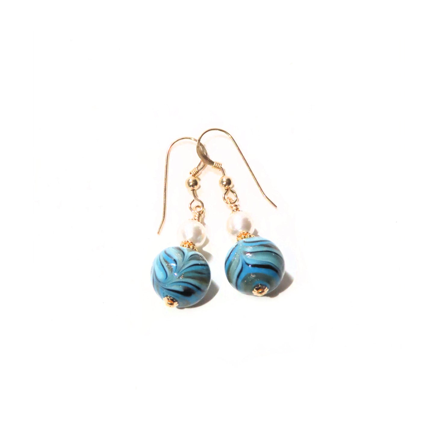 Murano Glass Turquoise Feather Ball Gold Earrings