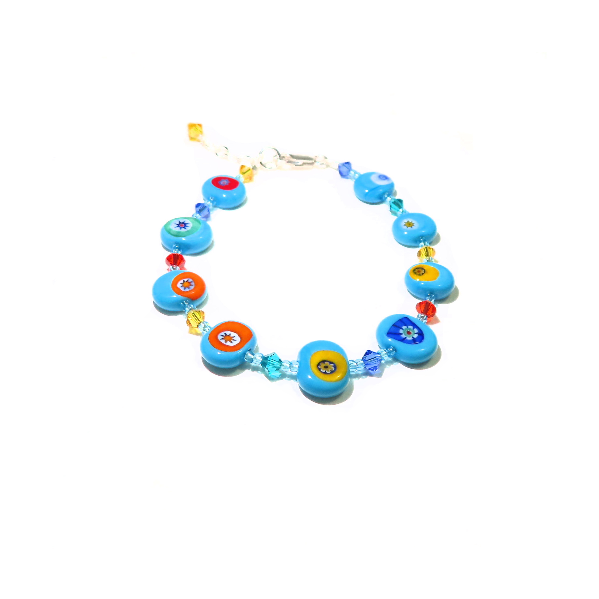 a blue bracelet with colorful beads and charms