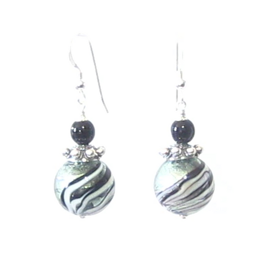 Murano Glass Black Steel Swirl Ball Silver Earrings, Italian Jewelry - JKC Murano