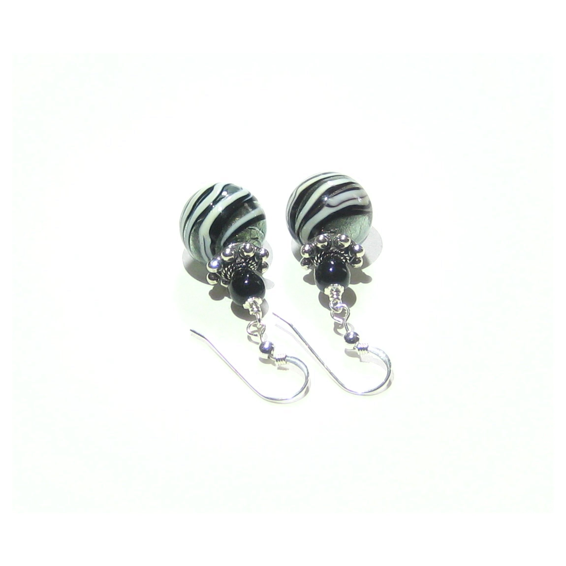 Murano Glass Black Steel Swirl Ball Silver Earrings, Italian Jewelry - JKC Murano