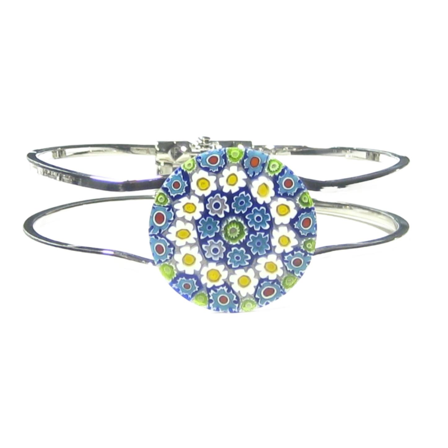 Murano Glass Blue Daisy Millefiori Chrome Bangle Bracelet - JKC Murano