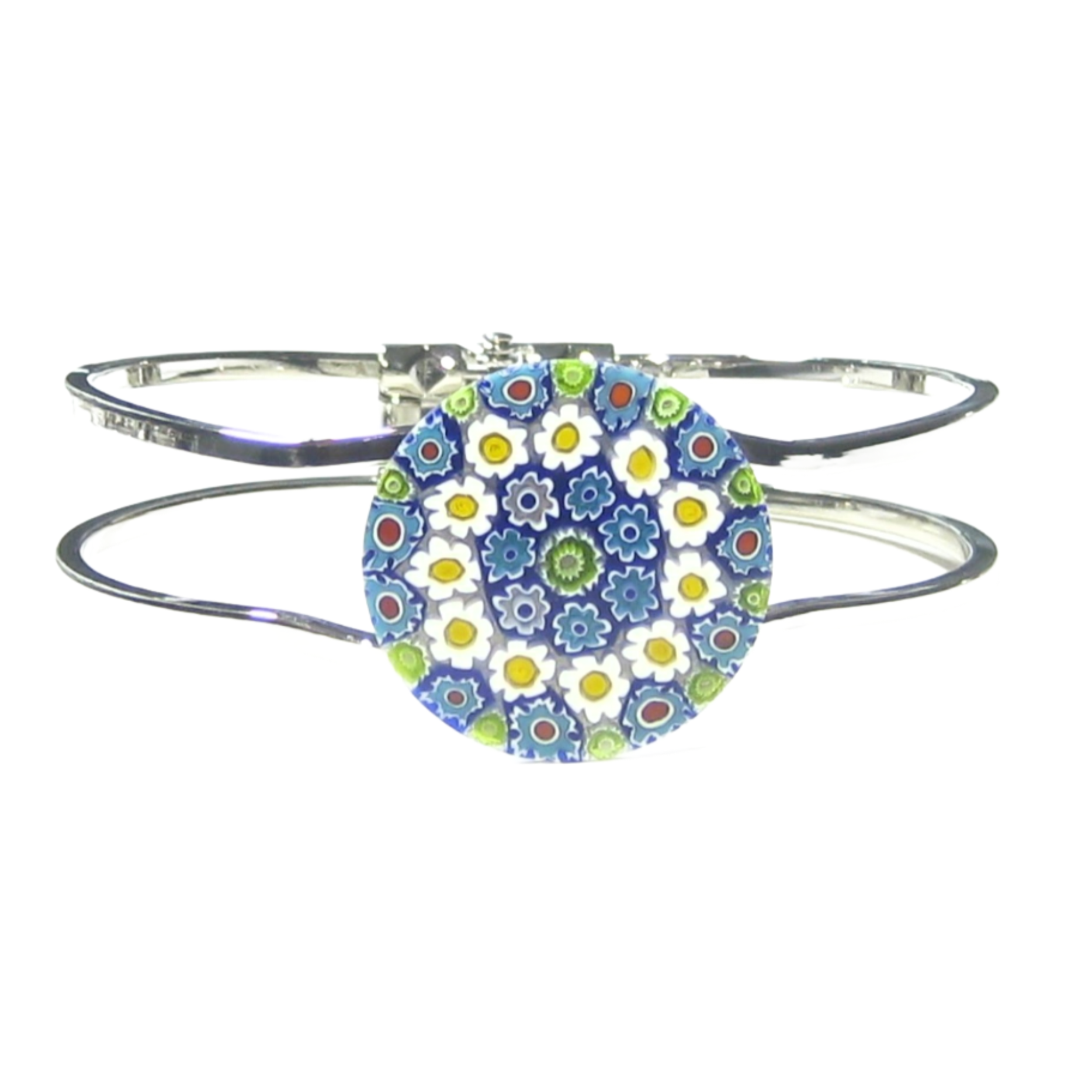 Murano Glass Blue Daisy Millefiori Chrome Bangle Bracelet - JKC Murano