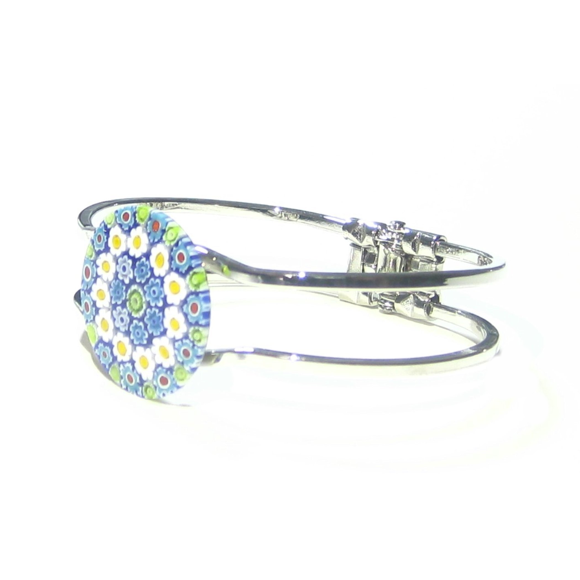 Murano Glass Blue Daisy Millefiori Chrome Bangle Bracelet - JKC Murano